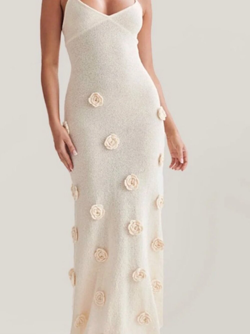 Boho Knit Maxi Halter Neckline Dress Delicate 3D Flower Appliqués